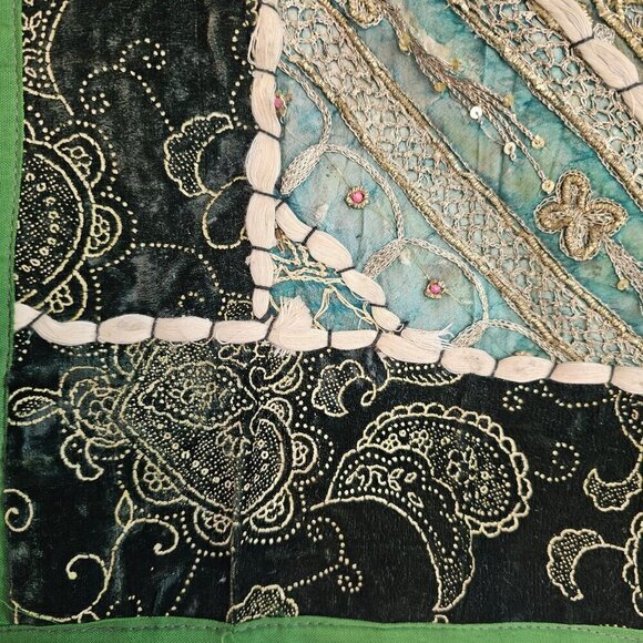 Patchwork Beaded Sari Floor Pillow/Cushion Cover Pair 26" Sq Green Multi Vintage - Picture 6 of 10